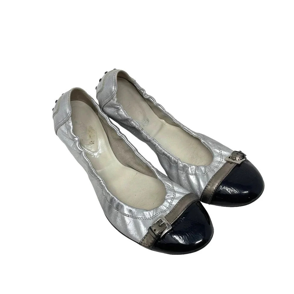 Tod's Silver Scrunch Ballet Flats with Black Patent Leather Buckle Toe Size 9.5